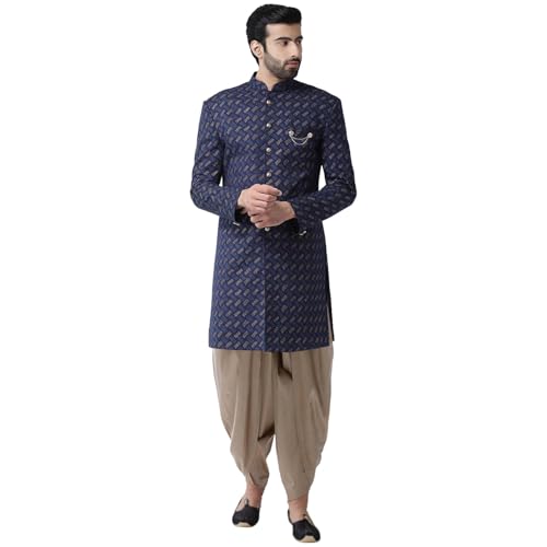 Men's Navy Blue Printed Sherwani & Beige Dhoti Set | Traditional Indian Wear for Weddings & Festive Ocassions
