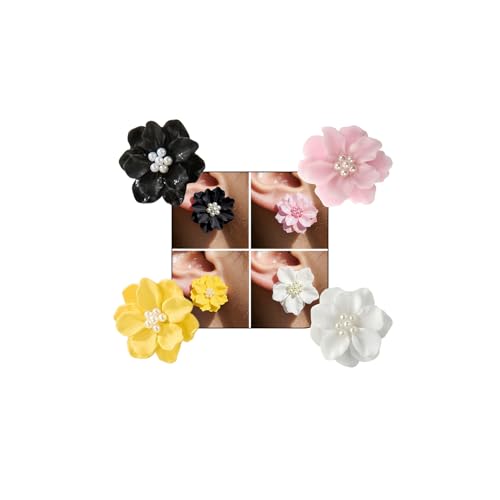 4 Pairs Colourful Floral Pearl Earrings Set Statement Cute White Black Yellow Big Hibiscus Pearls Flower Stud Earring Stacks Jewelry Pack for Women - Main Image