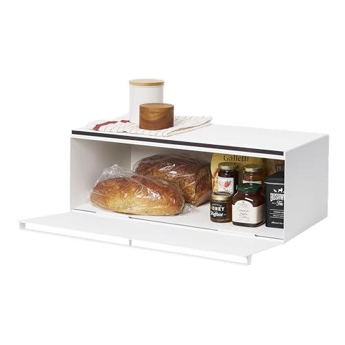 Yamazaki Home Tower Wide Bread Box Keeper Holder Container, Metal Bread Holder Saver, Large Counter Storage - Steel