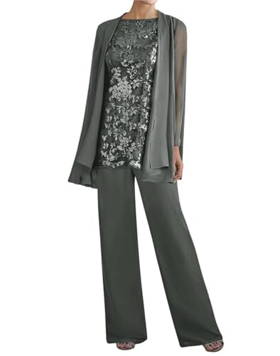 Image of 3 Pieces Mother of The Bride Dresses Pant Suits - Lace Chiffon Long Sleeve Grandmother Dresses with Jacket Grey