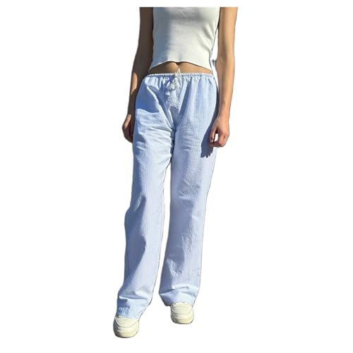 Tenopuli Women Y2K Lounge Pants Cute Drawstring Striped Casual Pants Wide Leg Baggy Pinstripe Print Pants Going Out Pants
