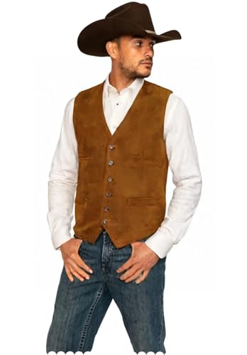 Men's V-Neck Suede Leather Vest Casual Western Cowboy Waistcoat Wedding