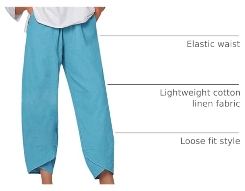 Image of Cotton Linen Capri Pants for Women 2025 Casual Printed Cropped Palazzo Pants Elastic Waist Lounge Baggy Trousers