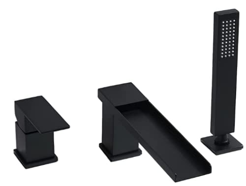 VAPSINT Single Handle Deck Mount Waterfall Roman Black Bathtub Faucet with Hand Shower, Tub Faucet 3 Hole Bathtub Filler Set with Handheld Sprayer