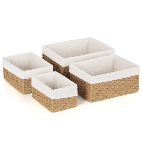 Aevcvok Cestas Almacenaje con Forro, Set de 4 Cestas Mimbre Cestas Organizadoras RectangularesTejida Apilable Decorativo para Baño, Cocina o Decoración del Hogar(Yute)