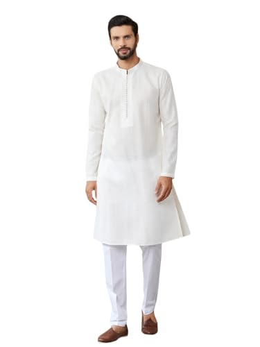Image of See Designs Men's Long Sleeve Mandarin Collar Side Slit Embroidered Thread Work Sequinned Chanderi Silk Straight Kurta with Pyjama