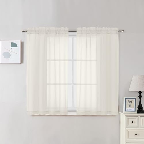 Image of OVZME 2 Panels Cream Sheer Curtains 54 Inches Length Window Treatment for Kitchen, Elegant Airy Transparent Curtain Dual Rod Pocket for Kids Living Room, Each 42 Width 45 Length