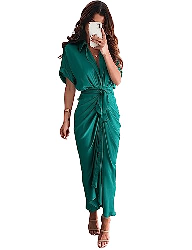 Heersan Kleid in Satin Wickelkleid Damen Elegant Ruched Bodycon Kleid...