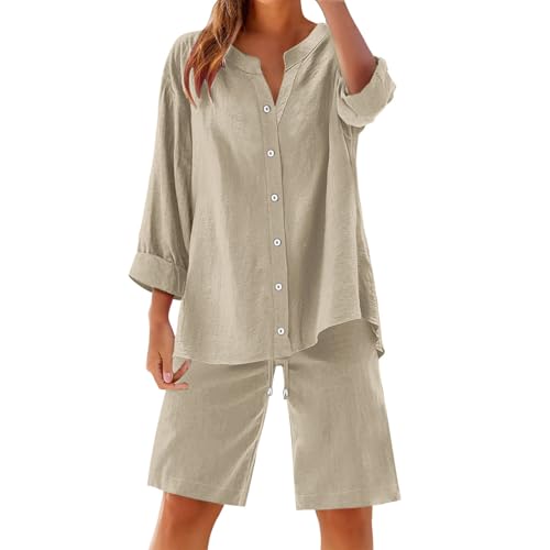 Ensemble d'été 2 pièces en coton et lin kaki taille L avec short large et chemise col en V Z02