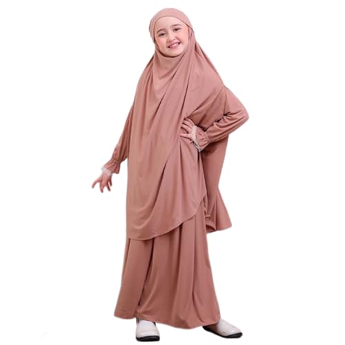 Image of Kids Girls Muslim Islamic Two-piece Outfits Lace Long Sleeve Hijab Dress Abaya and Loose Skirt Full Cover Kaftan