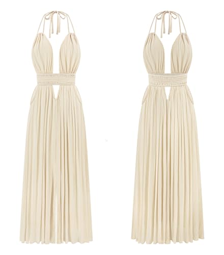 Image of R.Vivimos Boho Maxi Dresses for Women 2026 Summer Sleeveless Halter Elastic Waist Sexy Backless Front Slit Flowy Long Dresses
