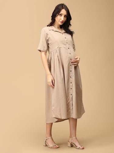 Image of The Mom Store Maternity & Nursing Midi Dress for Women | Pregnancy & Postpartum Wear | Cotton Flex Dress for New Mom | Trendy Stylish Comfortable Feeding Dress for Womens | Causal Office Formal Wear