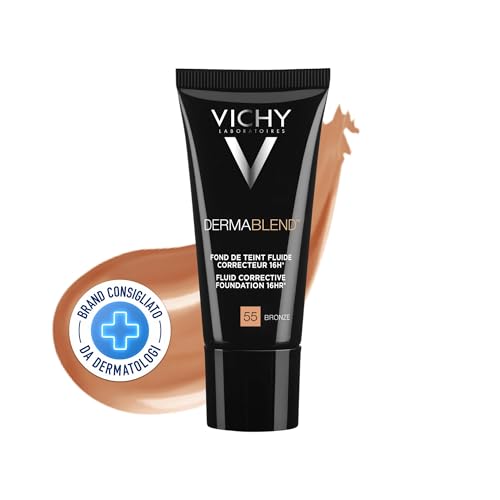 Vichy Dermablend Fondotinta Correttore Fluido, Alta Coprenza Senza Effetto Maschera, Tenuta 16H, Imperfezioni Nascoste e Pelle Radiosa, Per Tutti i Tipi di Pelle, Tonalità: 55, 30 ml