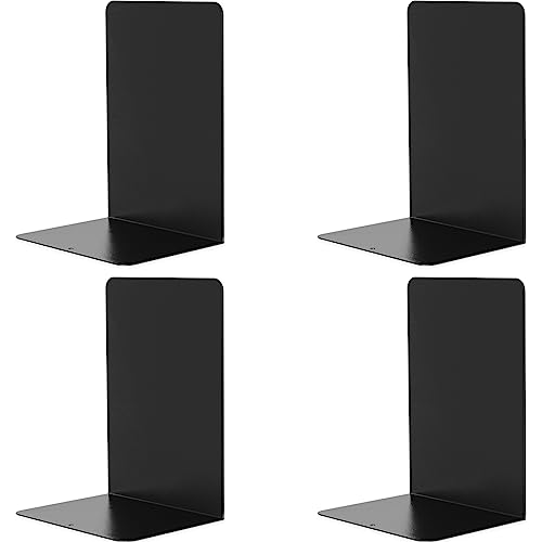 VONDERSO Metal Bookends Black, 2 Pairs Decorative Metal Book End Supports for Shelves Gauge Book Divider Stopper Holders with Non-Slip Anti-Scratch Rubber Pads
