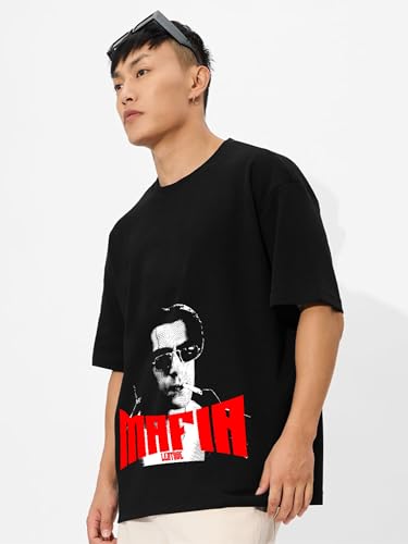 Image of LEOTUDE Oversized Half Sleeve Cottonblend Graphic Print Round Neck Drop Shoulder Baggie Tshirt for Man (Color Black)