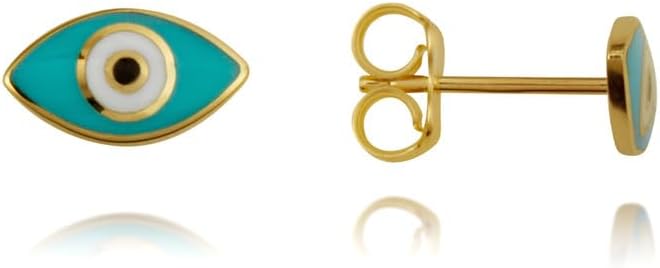 Evil Eye Enamel Stud Earrings Real Solid 14K Yellow Gold
