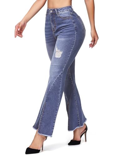 Women's Ripped Jeans High Waisted Hip Lift Flared Jeans Stretchy Wide Leg Destroyed Denim Split Hem Pants4