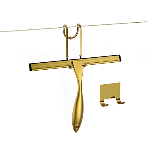 Shower Squeegee and Window Squeegee Stainless Steel 100% Streak-Free Cleaner for Bathroom Showers Glass Doors Home Mirrors Car Windows Wiper Adhesive Holder Shower Door Hook 10 Inch Gold