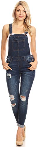 wax jean Women's Junior Ankle Length Skinny Leg Distressed Denim Overalls (XXXL, Dark Wash)