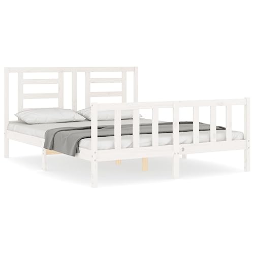 Homgoday Canapé con cabecero blanco de 160 x 200 cm, madera maciza, cama sommier, cama con marco de cama, estructura para salón y dormitorios - imagen 2