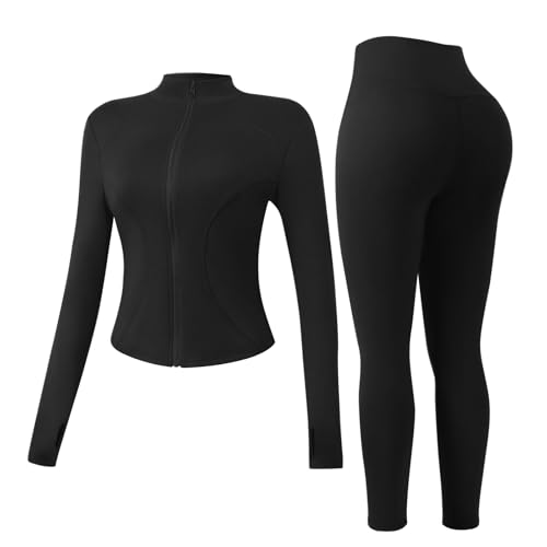 Jetjoy Gym Sets for Women 2 Piece Yoga Sweatsuit Long Sleeve Activewear Zip Up Top Running Jackets Workout Leggings Fitness Tracksuit