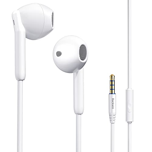 Backwin Kopfhörer mit Mikrofon, Bass-Driven Sound, Anti-Tangle Noise Cancelling Clear Calls 0 Latency IP67 Dust/Water Resistance 3.5mm Jack Fit for iPhone/iPad/Android/PC (White) Cover
