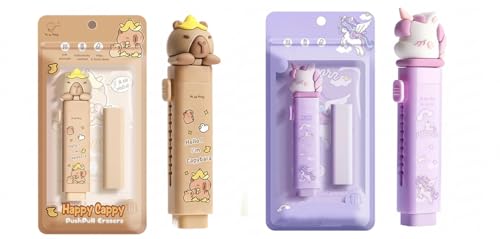 Image of Parshya Kawaii Capibara & Unicoorn Push Pull Erasers - Cute Retractable Rubber Pencil Erasers, School Supplies for Kids
