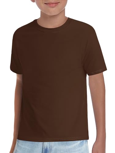 Haloumoning Boys T-Shirts Kids Short Sleeve Crewneck Solid Basic Tees Casual Tops 5-14 Years Brown 5-6 Years