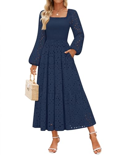 ZESICA Women's Fall Long Sleeve Maxi Dresses 2025 Square Neck Hollow Out Eyelet Smocked A Line Boho Wedding Guset Dress