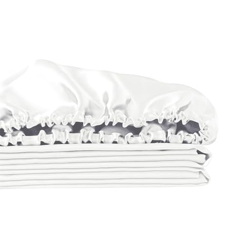 Image of Ersmak Silk Satin Fitted Sheet, Soft Deep Pocket Bottom Luxury King Fitted Sheet, Wrinkle Free, Breathable, Fade Resistant - Ivory White
