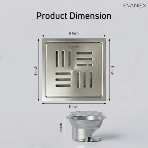 Image of EVANEX Square Shower Drain Channel | 304 Stainless Steel Waste Water Floor Drain with Cockroach Trap| 6x6 Inches Bathroom Drain Channel | Drainer Channel | Bathroom Jali | Bathroom Accessories Set