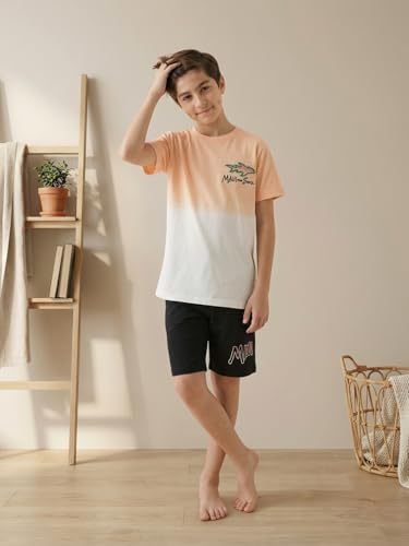 Image of Li'l Tomatoes Boys 100% Cotton Night Suit Set | Half Sleeve T-Shirt & Shorts | Color Block & Typography Print | Soft & Breathable Sleepwear | Casual Summer Wear | 9-16 Years
