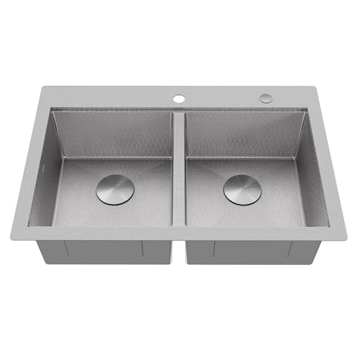 Image of Karran Matrix 33 inch Top Mount Workstation Kitchen Sink, Double Bowl, 16 Gauge Stainless Steel, Includes Cutting Board, Drying Mat & Basket Strainers