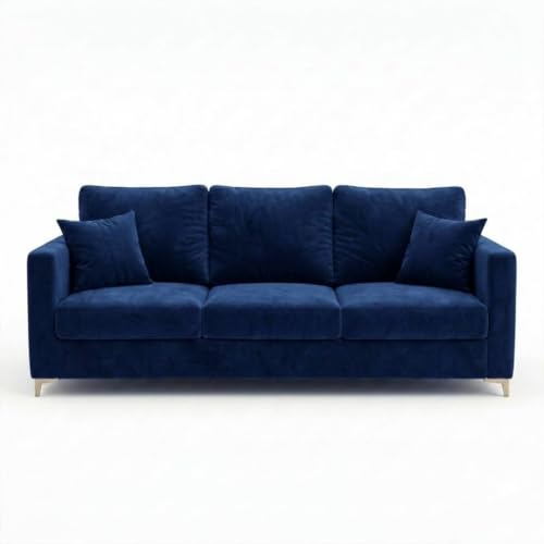 Image of Hayes Rich Velvet Suede 3 Seater + 2 Seater Sofa | Golden Aesthetic Legs | 6 Person Seating Capacity | Spacious Soft Touch Comfort | Modern Living Room Sofa (Dark Blue)