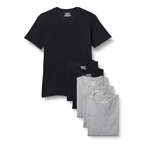 Amazon Essentials Men's V-Neck Undershirt, Breathable, Cotton, Pack of 6, Black/Grey Heather, S