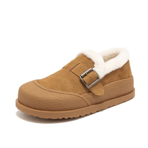 Image of BEAU TODAY Women Winter Loafers,Platform Suede Leather Comfortable Loafers for Women,Slip On Cute Fur Lined Adjustable Loafers Mules