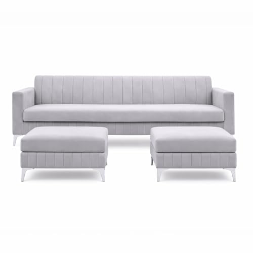 Image of Amelia 5 Seater L Shape Sofa Set with 2 Movable Ottomans | Flexible Layout | Rich Velvet Suede Fabric | Silver Legs | Spacious Seating | Modern Sofa for Living Room (Light Grey)