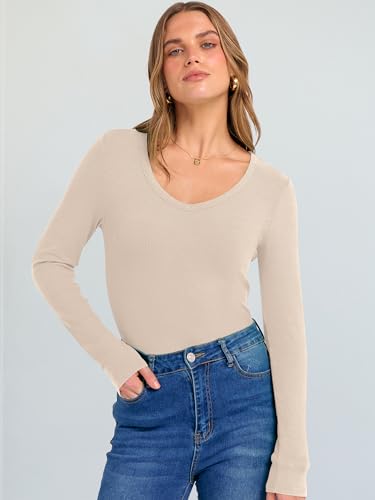 Image of ANRABESS Long Sleeve V Neck Shirts for Women | Soft Comfy Ribbed Knit Fitted Tshirts, Casual Going Out Tops, 2026 Trendy Basic, Fall Winter Underscrub Layering Clothes