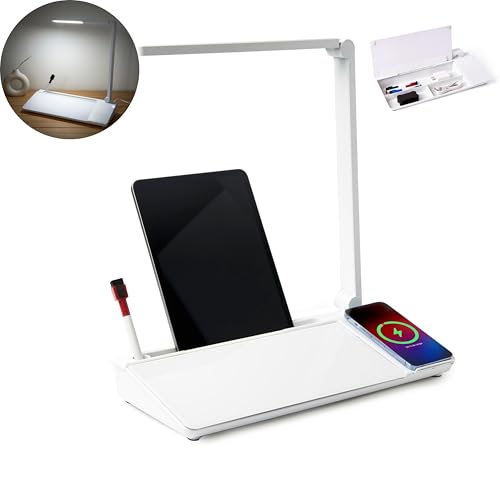 Image of Garood Glass Desktop Whiteboard with Storage Wireless Charger and LED Light Desk Whiteboard Desktop Glassboard Desk White Board Desk Dry Erase Board Phone Holder 15.8X7X2 in