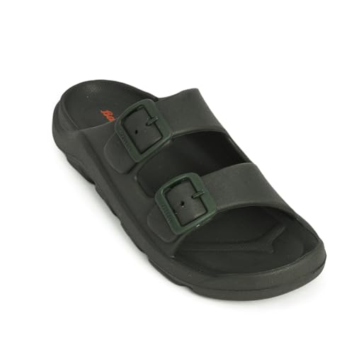 Image of Bata Men's Double Strap Slide Sandals, Grey, EVA Material, Adjustable Buckle, Textured Footbed, Casual Comfort, Open Toe