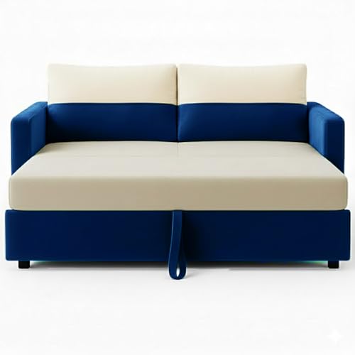 Image of SOCOZI Enrique 2-Seater Pull-Out Sofa Cum Bed | Soft Velvet Suede Fabric, Convertible Sofa Bed for Bedroom (Dark Blue-Cream)