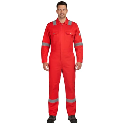 Image of Men's 100% Cotton Pyrovatex Fire Retardant Industrial Coveralls (Boiler Suit) with Reflective Tape 240 GSM. Color RED, Size L - 40