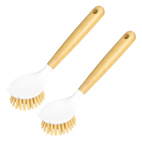 Image of 2 Pack Kitchen Scrub Brushes for Cleaning Dish Brush with Handle for Pans, Pots, Kitchen Sink Cleaning Scrub Brushes (Wooden Handle)