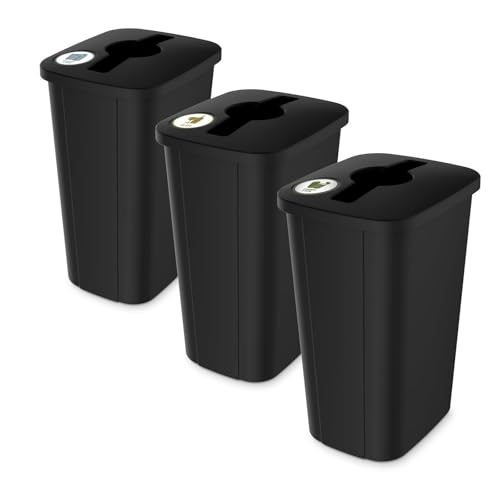 Home Logic Recycling Bin System, 3 Pack Waste Sorting Containers with Stickers, Plastic Trash Cans for Kitchen Garage Home Recycling Organization, 13 Gallon, Black