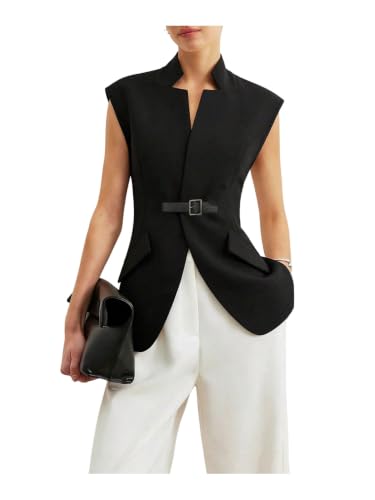 GORGLITTER Women's Sleeveless Blazer Cap Sleeve Notched Dressy Suit Vest Business Casual Office Outfits Black Small