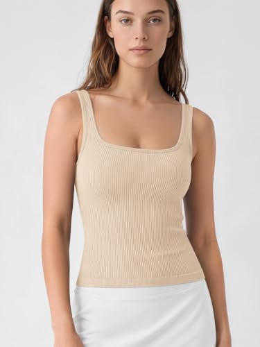 Image of ODODOS 3-Pack Seamless Square Neck Crop Tank for Women Ribbed Knit Soft Low Back Cropped Tops
