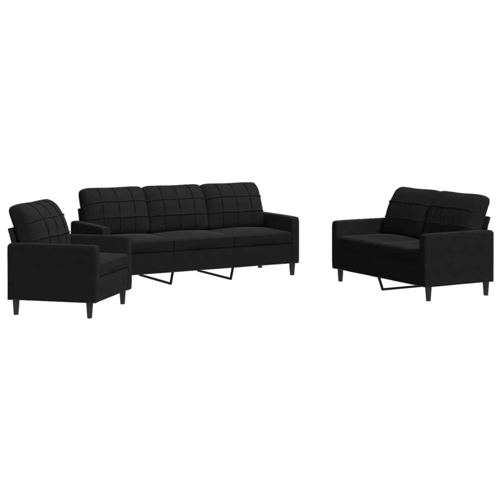 Juego de sofá de 3 piezas, terciopelo negro, estructura de metal, diseño moderno, acolchado suave, experiencia de asiento cómoda, sala de estar, oficina, recepción