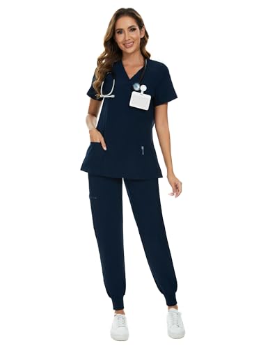 COZYFIT Scrubs for Women Set - Stretch V-Neck Scrub Top & Jogger Pant with 8 Pockets, Yoga Waistband, Anti Wrinkle, Slim Fit - Navy Blue, S