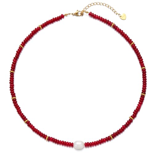 Beaded Necklaces for Women Gemstone Necklace with Freshwater Pearl Crystal Beaded Necklace Natural Stone Summer Beach Bead Choker Boho Necklaces for Women CK-1pearl-Red Agate
