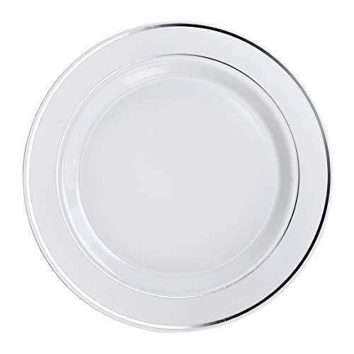 " Occasions " 720 Pcs Set (120 Guest) Wedding Disposable Plastic Plate And Silverware Combo 10.5" + 7.5" + Silverware (Double Fork) (White & Silver Rim Plates, Silver Silverware) #TOP3